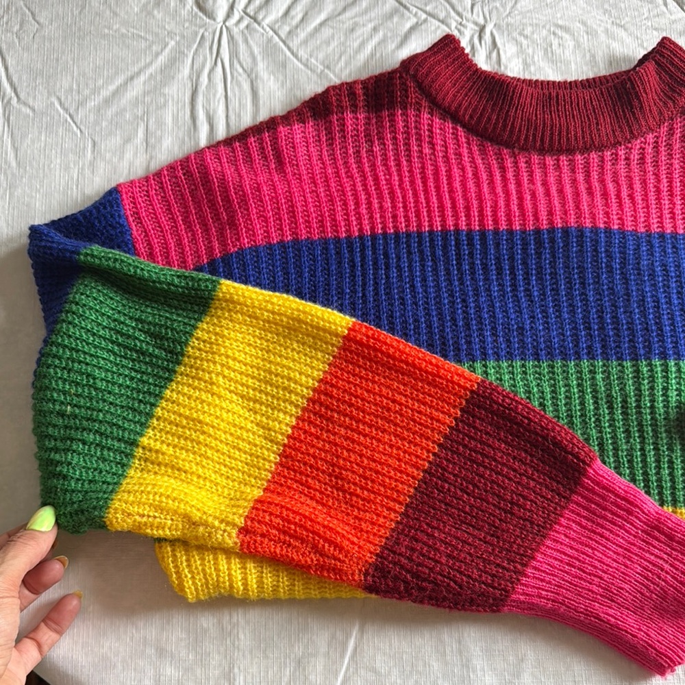 SHEIN Pink and Blue Crew Neck Sweater with Ribbed Texture